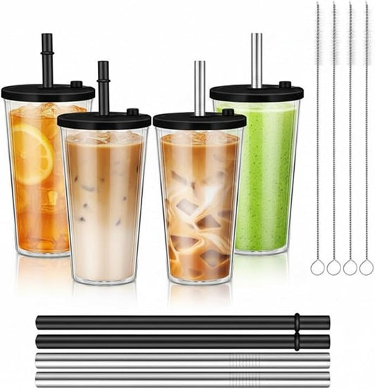 Honeydak 4 Pack 16 oz Reusable Iced Coffee Cups with Lids and Straws Leakproof Double Wall Insulated Clear Plastic Iced Coffee Tumblers with Straw Brushes