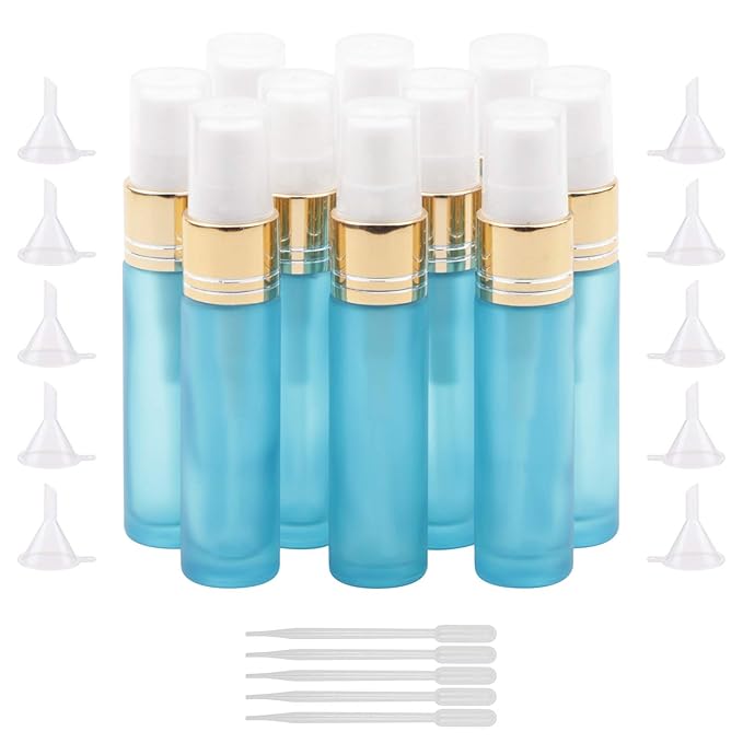 Ellbest 10PCS 10ml Glass Spray Bottle Refillable Fine Mist Spray Bottle with 5 Dropper & 10 Funnels, Small Travel Glass Perfume Container Leak-Proof Portable Atomizer for Perfume, Cosmetic Liquids