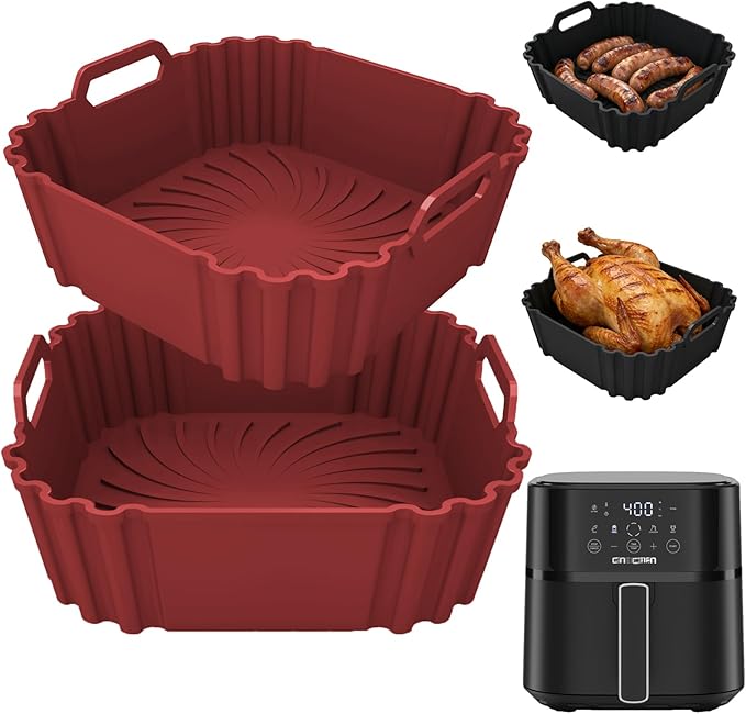 Silicone Air Fryer Liners for 6QT Chefman Air Fryer,2 PCS Red Reusable Air Fryer Basket Liners,8.5 Inch Square Silicone Basket,Large Air Fryer Accessories