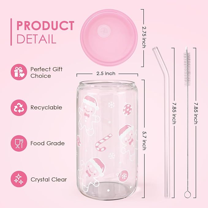 SANDJEST Christmas Gingerbread 16oz Can Glass Tumbler with Acrylic Lid & Straw, Iced Coffee Cup for Women Girls, Aesthetic Cups Gifts for Xmas
