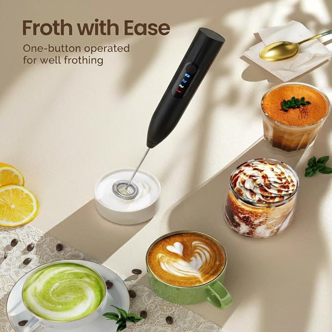 Milk Frother, Rechargeable Electric Foam Maker,Handheld Mixer with Stainless Steel Whisk, Portable Drink Mixer for Coffee Latte Cappuccino, Charging USB-C,Black