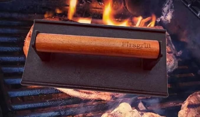 Firsgrill Burger Press 7.08" Round & 8.3”X4.3”Rectangle Heavy-Duty Cast Iron Smash Meat Steak with Wood Handle for Blackstone Camp Chef Pitboss Weber Treager Griddle Grills (Flat Bottom)