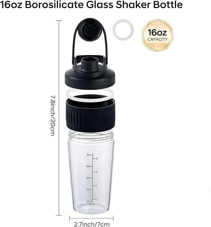 16oz Glass Shaker Bottle for Protein, 2 Pack Small Borosilicate Glass Protein Powder Leak-Proof Shaker Cup Mixes with 304 Blending Ball(16oz,Black)