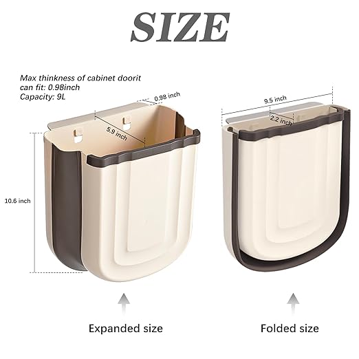 Hanging Trash Can, 9L Collapsible Plastic Waste Bin for Cabinet Door, Wall Mounted 2.4 Gallon Foldable Small Wastebasket for Kitchen, Bathroom, Bedroom (Khaki)