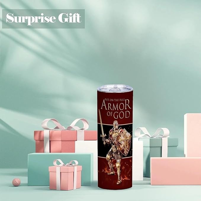 Put The Full Armor Of God,Pastor Appreciation Gifts,20 Oz Insulated Stainless Steel Skinny Iced Coffee Tumbler with Lid,Funny Travel Coffee Mug Cup Water Bottler,Birthday Gift for Men Women Dad,1 Pcs