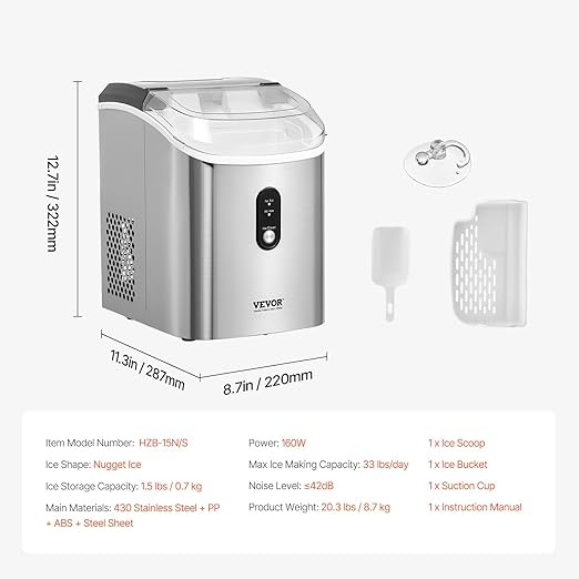 VEVOR Nugget, 33lbs/24H Pebble Ice Maker with Self Cleaning, Chewable Ice Maker with Ice Scoop & Basket, Stainless Steel Ice Machine with Transparent Lid for Home Kitchen Office Bar Party