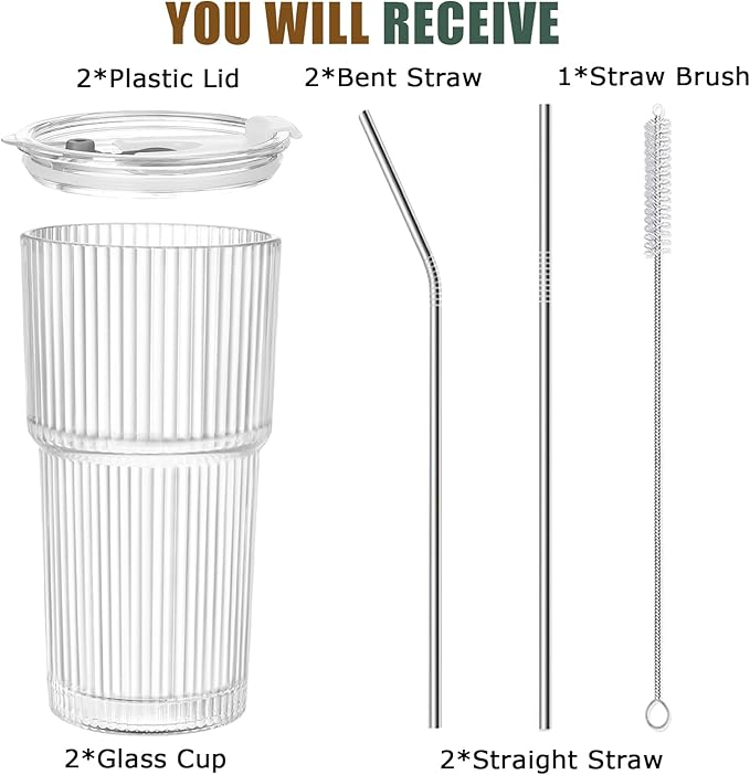 HIGIINC Iced Coffee Cups with Lids and Straws 2 Pcs，20 OZ Glass Cups with Lids and Straws, Clear Ribbed Glass Tumbler Reusable Drinking Glasses for Matcha, Smoothie, Cocktail,Latte
