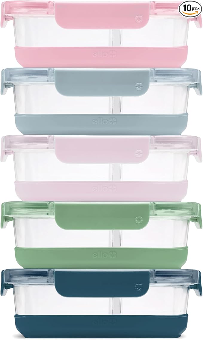 Ello Duraglass Refresh 3.4 Cup Divided Meal Prep Set 10Pc, 5 Pack, 2 Compartment Glass Food Storage Container with Silicone Boot and Airtight BPA-Free Plastic Lids, Dishwasher & Microwave Safe, Glade