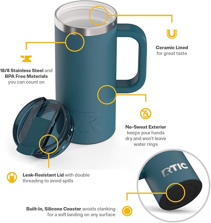 RTIC 16oz Road Trip Travel Mug with Lid and Handle, Ceramic Lined, Insulated, Stainless Steel, Metal, Double Wall Vacuum-Insulation, Portable Coffee, Tea Cup for Hot and Cold Drink, Marine