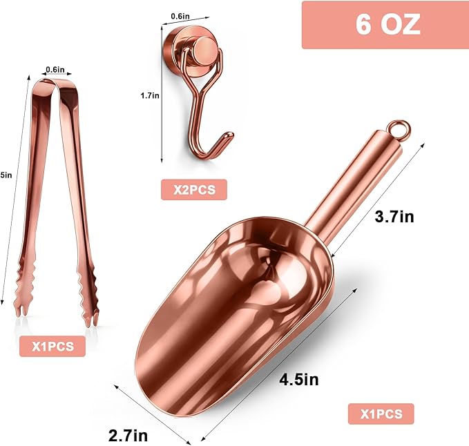 Stainless Steel Ice Scoop for Freezer with Magnetic Hook - Ice Scoop for GE Profile Opal 2.0 Nugget Ice Maker, for Kitchen Bar Party Accessories (6OZ- Rose Gold)