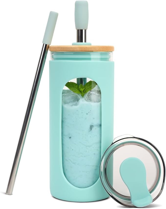 Sursip 20 oz Glass Tumbler with Lids and Straws, Reusable Borosilicate Glass Iced Coffee Cup with Bamboo Lid for Smoothie Boba Juice,Travel BPA-Free - Blue