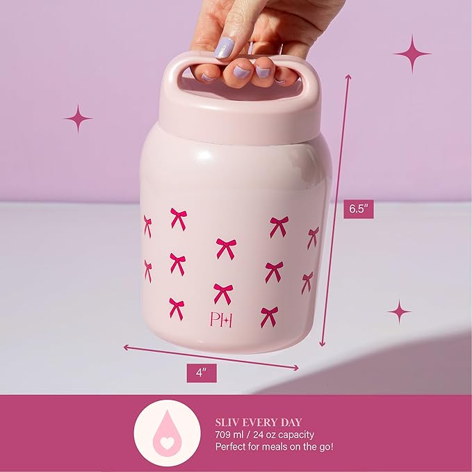 Paris Hilton Stainless Steel Food Jar, Double Wall Vacuum Sealed Insulated Food Storage Container with Carry Handle Lid, 24-Ounce, Pink with Bow Design
