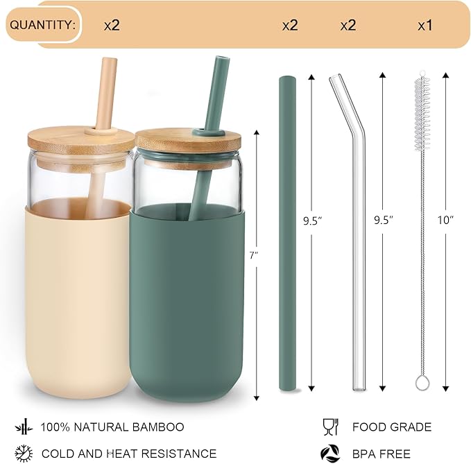 20 OZ Glass Cups with Bamboo Lids and Straws - Beer Can Drinking Glasses with Silicone Protective Sleeve Set, Iced Coffee Glasses, Cute Tumbler Cup for Water, Tea, Gift - Cambridge Blue, Amber