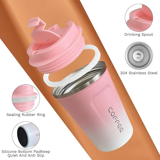 SPLMIFA Travel Coffee Mug Leak-Proof, Reusable Coffee Cups with Lids, Stainless Steel Vacuum Insulated Coffee Tumblers, Thermal Insulation Cup for Men and Women Hot & Cold Drinks(2nd-Pink White, 12OZ)