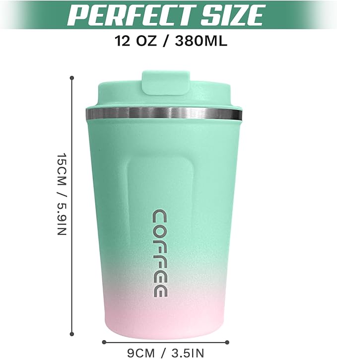 SPLMIFA Travel Coffee Mug Leak-Proof, Reusable Coffee Cups with Lids, Stainless Steel Vacuum Insulated Coffee Tumblers, Thermal Insulation Cup for Men and Women Hot & Cold Drinks(2nd-Green Pink, 12OZ)