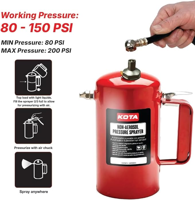 LAUCO Non Aerosol Pressure Sprayer with Funnel and Extension, Refillable Pressurized Sprayer Bottle for Oil, Solvent, Degreasers, Lubricants - Rechargeable Steel Canister and Brass Nozzles, 32oz
