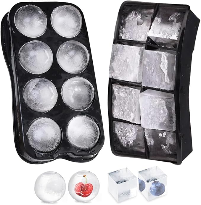 2-Inch Silicone Ice Cube Tray with Lid - Large Sphere Ice Mold & Square Ice Cube Maker for Whiskey, Cocktails, Bourbon - Easy Release, BPA Free, Set of 2