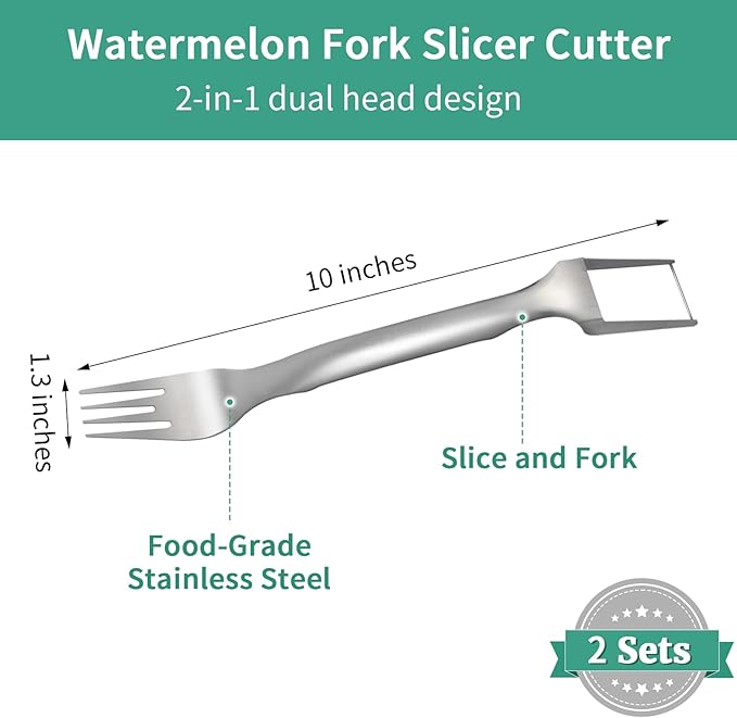 2PCS Watermelon Cutter, 2026 Watermelon Fork Slicer Cutter Dual-Head, 2-in-1 Stainless Steel Melon Fork Slicer Knife Kitchen for Family Home Party Camping Kitchen Gadget