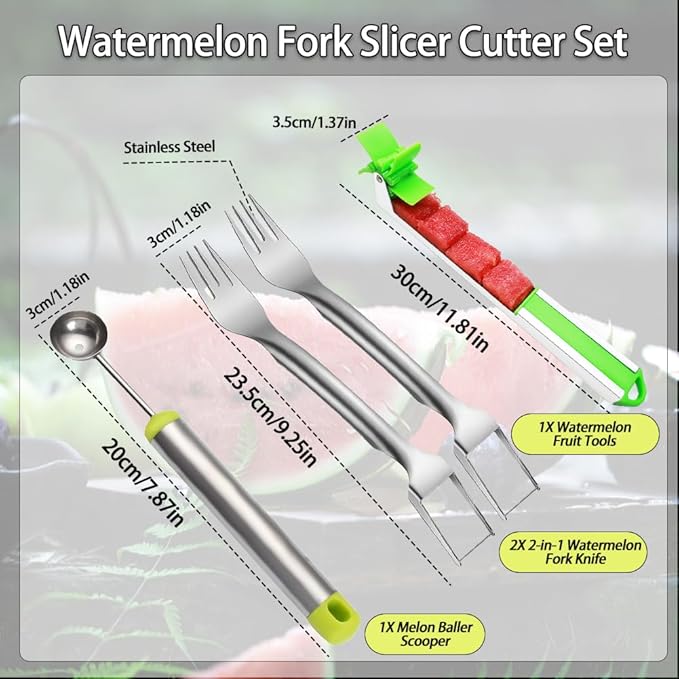 2PCS Watermelon Fork Slicer Cutter，Watermelon Fruit Tools with Melon Baller Scooper, Abnaok Stainless Steel 2-in-1 Watermelon Fork Knife, Portable Dual Head Fruit Forks for Home Party Kitchen Gadget