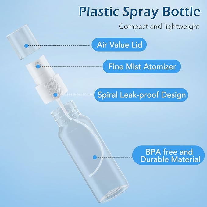 Zoizocp Spray Bottles, 2oz/50ml Clear Empty Fine Mist Plastic Mini Travel Bottle Set, Small Refillable Liquid Containers with 2pcs Funnels and 24pcs Labels (12 Pack)