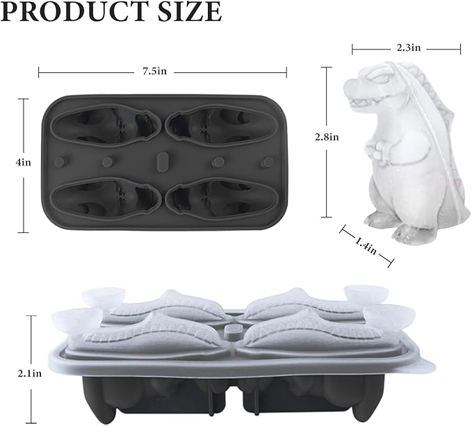 Dinosaur Ice Cube Tray,Silicone Ice Trays for Freezer,Ice Cubes Maker Mold with Lid,Easy Release,BPA Free,Perfect For OXO,Whiskey,Cocktail Drink (Balck)