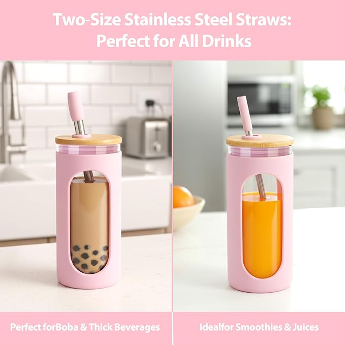 Sursip 20 oz Glass Tumbler with Lids and Straws, Reusable Borosilicate Glass Iced Coffee Cup with Bamboo Lid for Smoothie Boba Juice,Travel BPA-Free - Lilac Purple