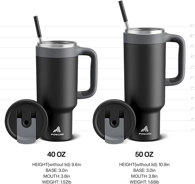 POWCAN 50 oz Tumbler with Handle, 2-in-1 Straw and Sip Lid, Leakproof, Dishwasher Safe, Insulated Stainless Steel Travel Coffee Mug, Keeps Cold for 34 Hours, Fits in Car Cup Holder (Midnight)