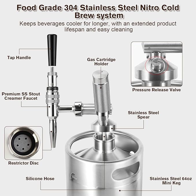 Nitro Cold Brew Coffee Maker, 64oz SS Mini Keg Cold Brew Maker, Nitro Coffee Machine System with Pressure Relief Valve & Stout Creamer Faucet Nitro Keg Coffee Growler for Homebrewing