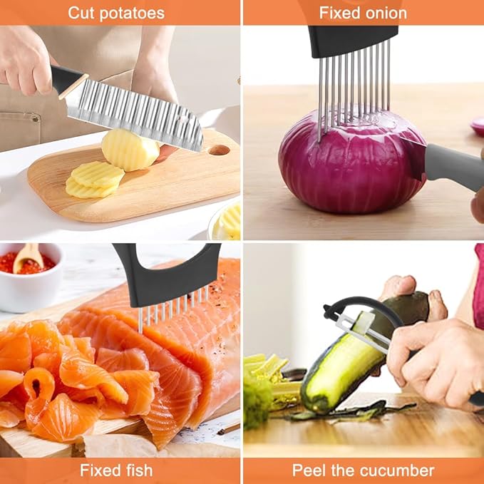 Crinkle Cutter with Onion Holder for Slicing and P-type Peeler, Stainless Steel Wavy Slicer with Handle, Crinkle Cutter for Veggies, Potatoes(COLOR:Black)