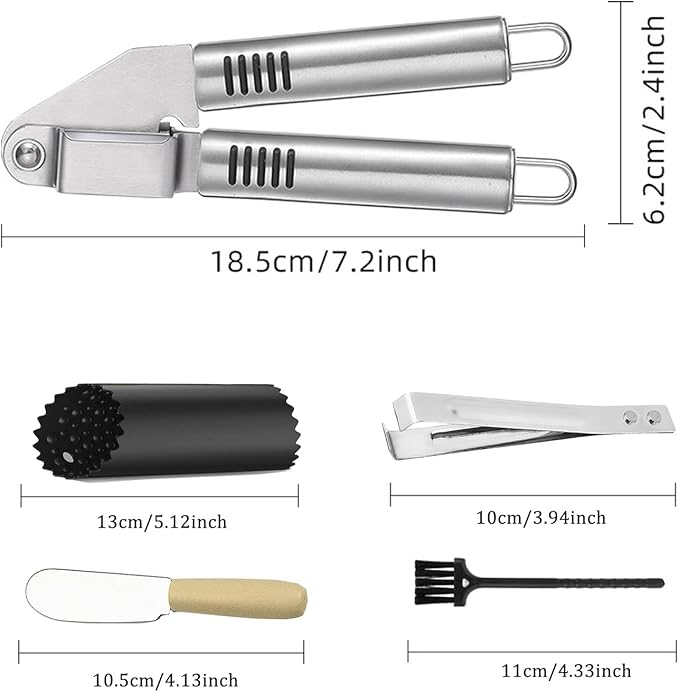 MANJIA Garlic Press and Peel Set Stainless Steel- Rust Proof Garlic Mincer Tool - Easy-Squeeze, Easy-Clean Silicone Garlic Peeler & Brush (Black)