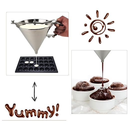 MYOYAY Commercial Stainless Steel Confectionery Funnel Dispenser, 1.8L Pancake Batter Dispenser with Stand and 3 Nozzles (1/4", 1/5", 1/6"), Great for Pancakes Chocolate Sauces Batter Pastry Work