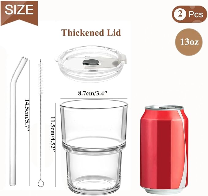 Glass Tumbler with Lid and Straws, Resuable Ice Coffee Cups, Thickened Drinking Glass to Go Cups for Water, Smoothie, Matcha, Iced Tea Fruit Juice, Cold Beverage, Clear, 13oz, Set of 2