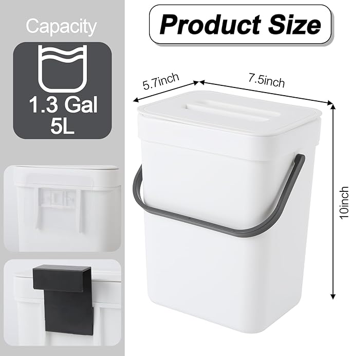 Compost Bin Kitchen, Includes 100 Trash Bags, Hanging Trash Can with Lid, Features Pet-Proof, Odor-Proof, and Quiet Opening/Closing. Suitable for Bathrooms/Bedrooms/Offices (White, 1.3Gal/5L)