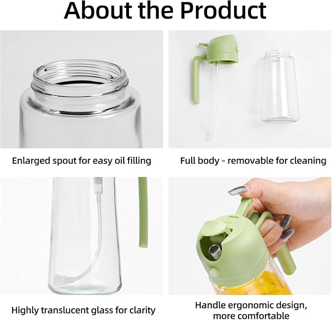 Aovdy 16oz/470ml Glass Olive Oil Sprayer for Cooking - 2 in 1 Olive Oil Dispenser Bottle Spray and Pour for Kitchen Gadgets Cooking Air Fryer Salad BBQ (Green)