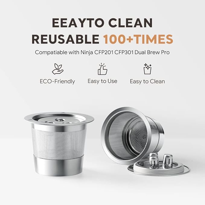 2 Pack K Cups Reusable Coffee Pods for Ninja Dual Brew Coffee Maker Stainless Steel Permanent K Cups Filters Coffee Accessories Compatible with Ninja CFP201 CFP301 Dual Brew Pro Machine