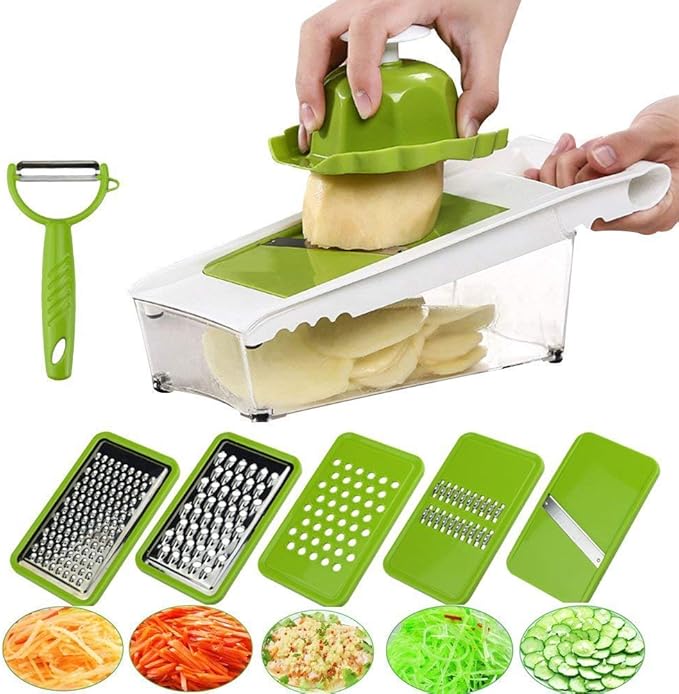 Mandoline Slicer Vegetable Potato Slicer Grater Cutter Chopper, HaetFire Julienne Slices and Shreds Fruits and Vegetables Chopper, Food Container, Safety Food Holder, 5 Interchangeable Sharp Blades
