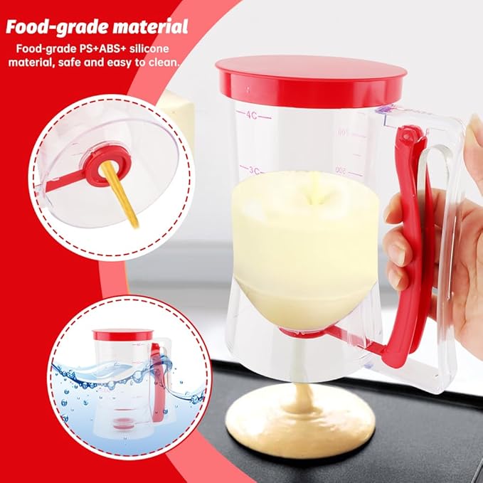 4 Cup Pancake Batter Dispenser with Cupcake Scoop Batters Dispenser,Pancake Waffl Mix Dispenser with Squeeze Handle & Measuring Marks,for Cupcake,Muffins, Crepes & Cupcakes(red)