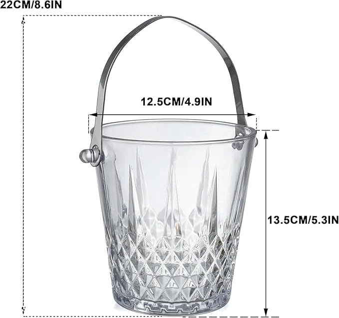 Glass Ice Bucket with Handle and Stainless Steel Tongs - Glass Ice Buckets for Party,Wine, Beer, Champagne, Cocktail Bar, Mini & Portable, 1000ml