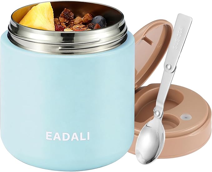 Eadali 15.2oz Kids Food Jar for Hot Food – Vacuum Insulated Lunch Container with 316 Stainless Steel Interior, Leakproof Wide Mouth & Foldable Spoon for School Meals