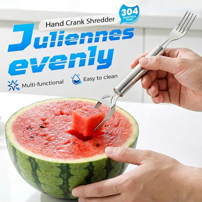 2 in 1 Stainless Steel Fruit Cutter, 2026 New Upgrade Dual Head Fruit Slicer and Fork, Hand Crank Watermelon Cutter for Pineapple Melon, Easy Clean Kitchen Gadget (2PCS)