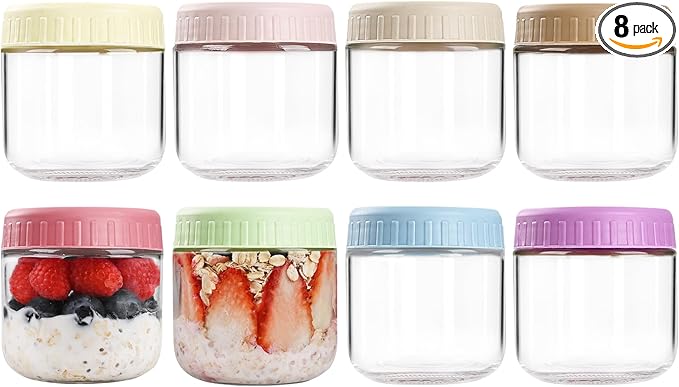 SHOWIN Overnight Oats Containers with Lids, 10oz Glass Jars with Lids 8 pcs, Wide Mouth Mason jars for Salad, Yogurt, Snacks, Meal Prep