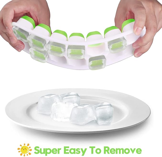 Silicone Ice Cube Tray, 4 Pack Easy-Release & Flexible 14-Ice Cube Trays with Spill-Resistant Removable Lid, Stackable Ice Trays with Covers for Freezer, Cocktail, Blue and Green