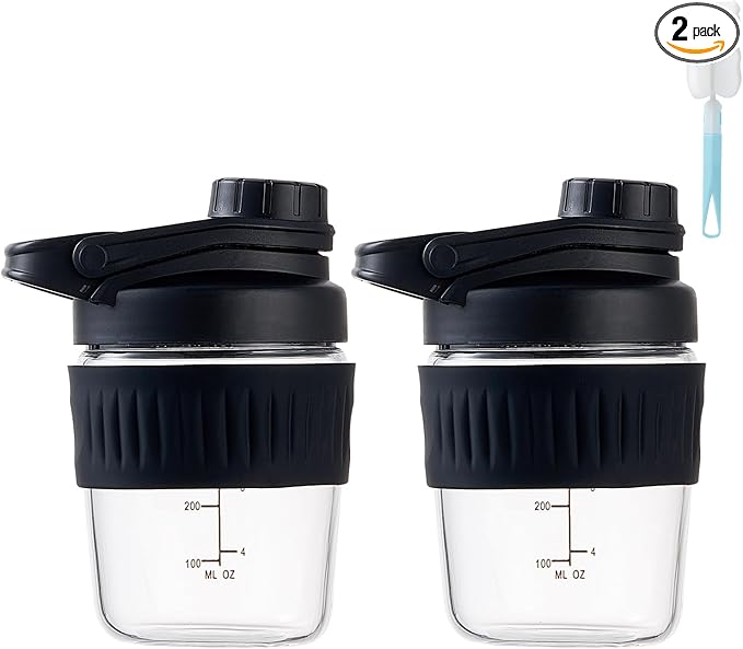 12oz Glass Shaker Bottle for Protein, 2 Pack Small Borosilicate Glass Protein Powder Leak-Proof Shaker Cup Mixes with 304 Blending Ball(12oz,Black)
