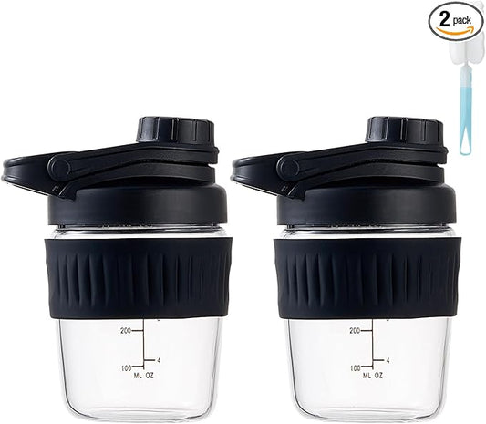 12oz Glass Shaker Bottle for Protein, 2 Pack Small Borosilicate Glass Protein Powder Leak-Proof Shaker Cup Mixes with 304 Blending Ball(12oz,Black)