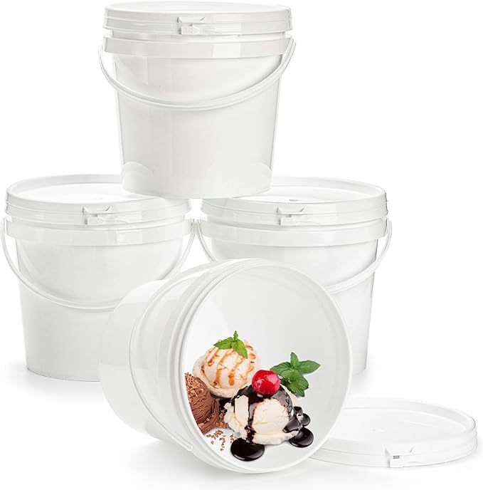 Bekith 8 Pack 80oz Plastic Ice Cream Tub with Lid, Small Bucket with Handle, Food Grade Freezer Food Storage Containers, White