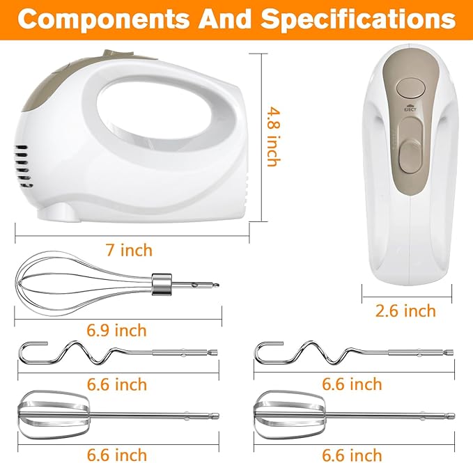 Hand Mixer - 5 Speed Portable Kitchen Mixer Electric Handheld with 5 Stainless Steel Accessories Whisk, Food Beater, ‌Ivory