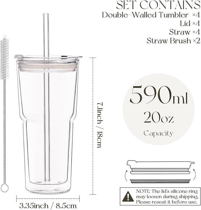 KEMORELA 20oz Double Wall Glass Tumblers 4‑Pack with Lids & Straws | Insulated Clear Drinking Glasses for Iced Coffee, Matcha, Smoothies | Reusable Cups for Family & Parties