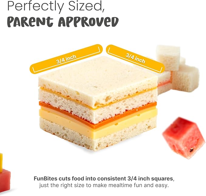 FUNBITES Crustless Sandwich Cutter for Kids Lunch (2-piece set), Uncrustable Sandwich Cutter, Bite-Size Food Cutter for Toddlers, Bento Box Accessories, BPA-FREE Dishwasher Safe, Yellow Squares 1pk