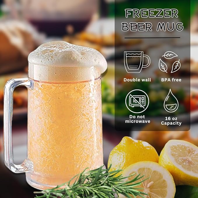 luxail Beer Mugs For Freezer, Double Wall Insulated Plastic Beer Glasses – Freezer Mugs, 16 oz – Perfect Frozen Beer Mugs for Home Bar Accessories, Gifts for Men, (1)