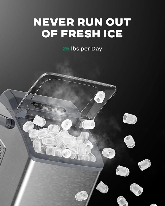 Silonn Stainless Steel Countertop Ice Maker, 26 lbs/Day Fast Ice Production in 6 Mins, Self-Cleaning Compact Ice Machine for Home, Kitchen, Office & Parties